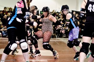 Not much separated the two teams during their regular season showdown, but Betties jammer Smoka Cola had, arguably, her best game of the season, scoring 70 points and holding a 63% lead percentage. (Photo by Neil Gunner)