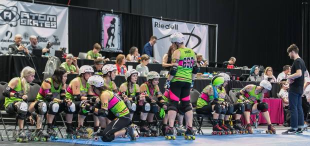 Montreal's home bench at Centre Pierre Charbonneau, site of a 2016 WFTDA Division 1 playoff tournament. (Photo by Sean Murphy)